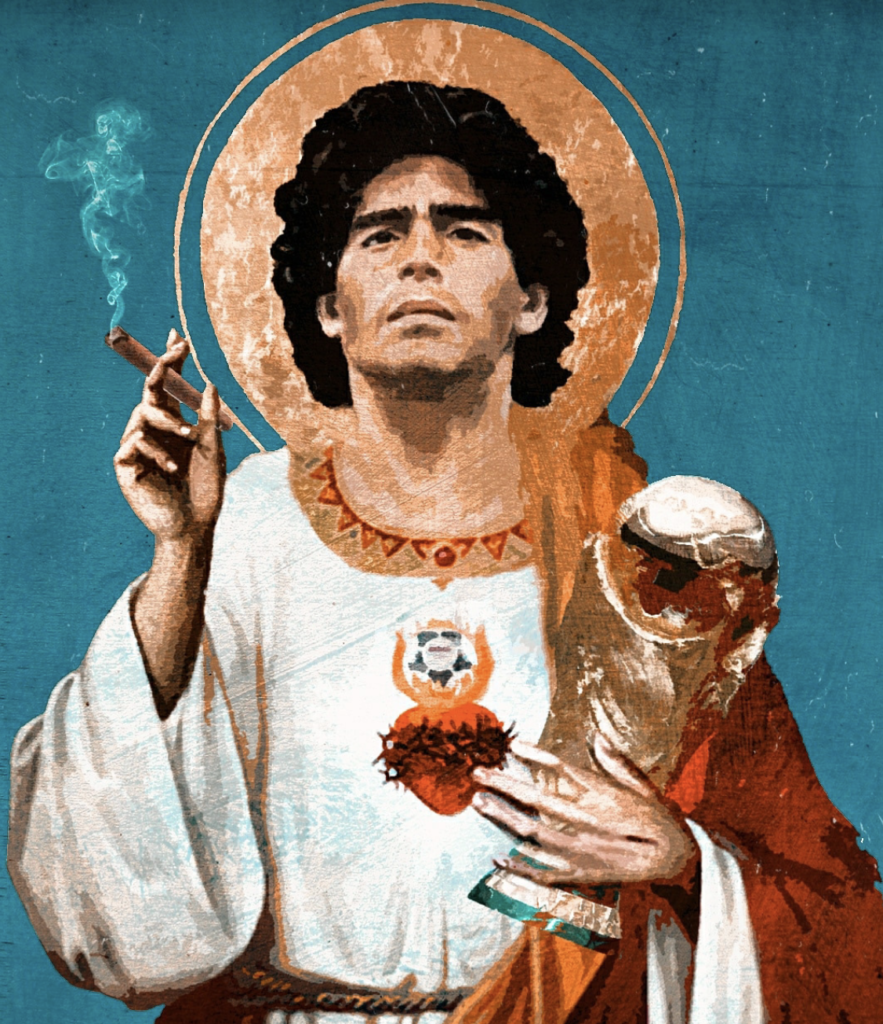 Vintage style illustration of a legendary football icon Diego Maradona holding a World Cup trophy, saint-inspired football artwork – Football Eras magazine.
